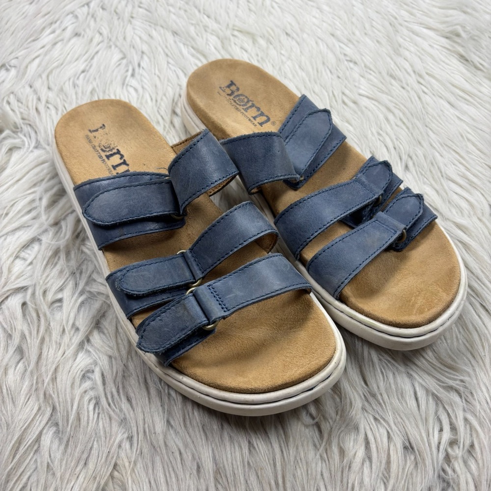 Born Women's 9 Blue Leather Triple Strap Slide Sandals Flat